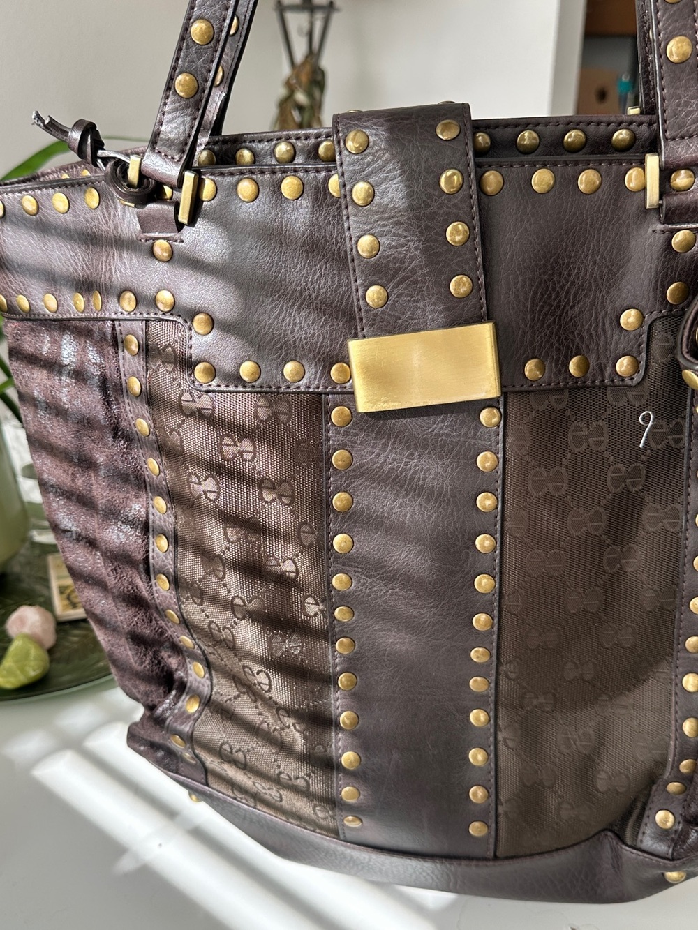 Aqua Madonna Stud-Trim Chocolate Brown Tote with Gold Accents